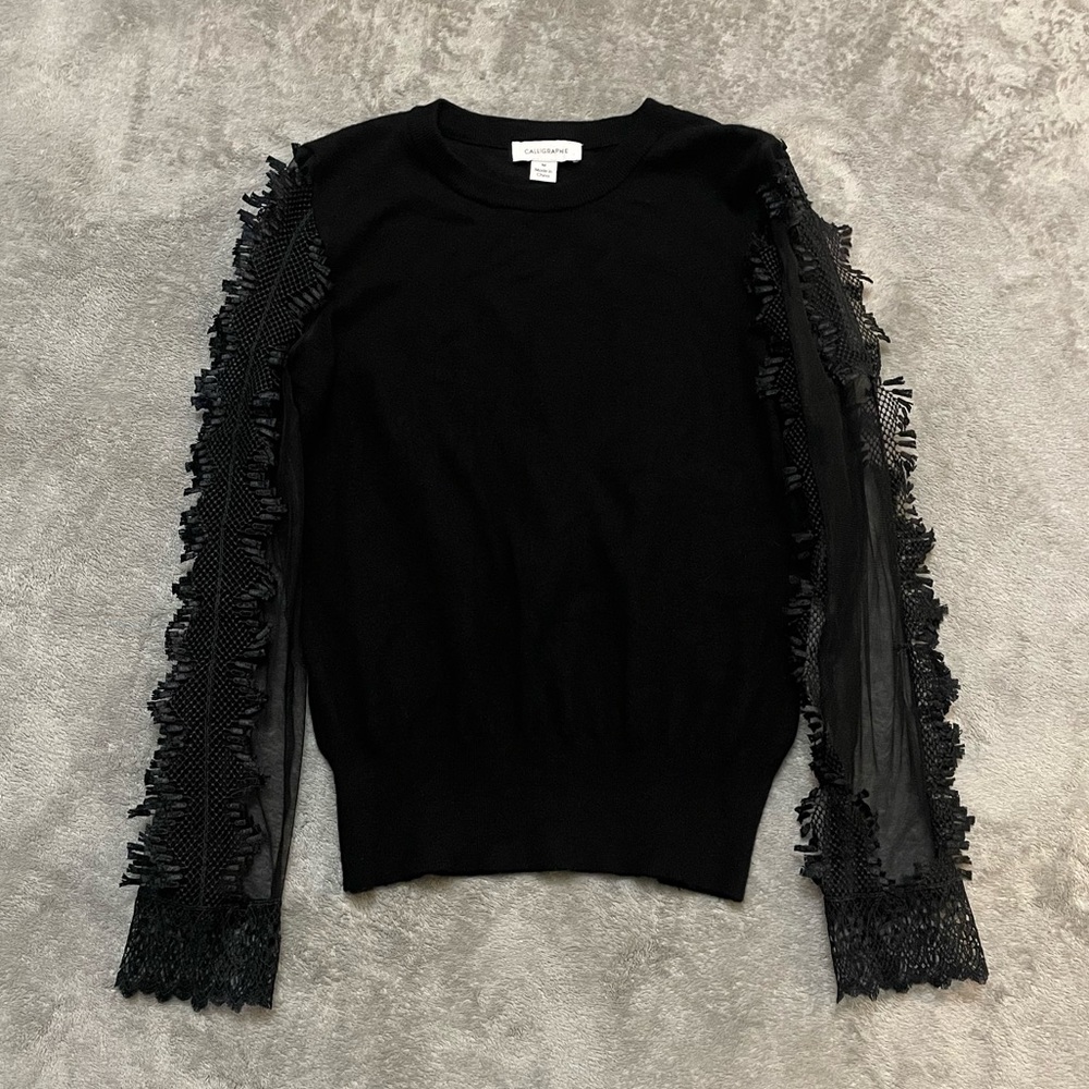 Calligraphie Lace Statement Sleeve Crewneck Sweater Size M Sheer